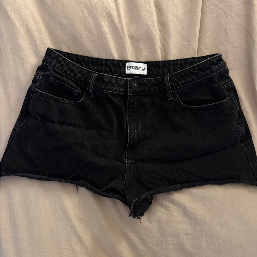 Princess Polly Black High-Rise Raw Hem Denim Shorts